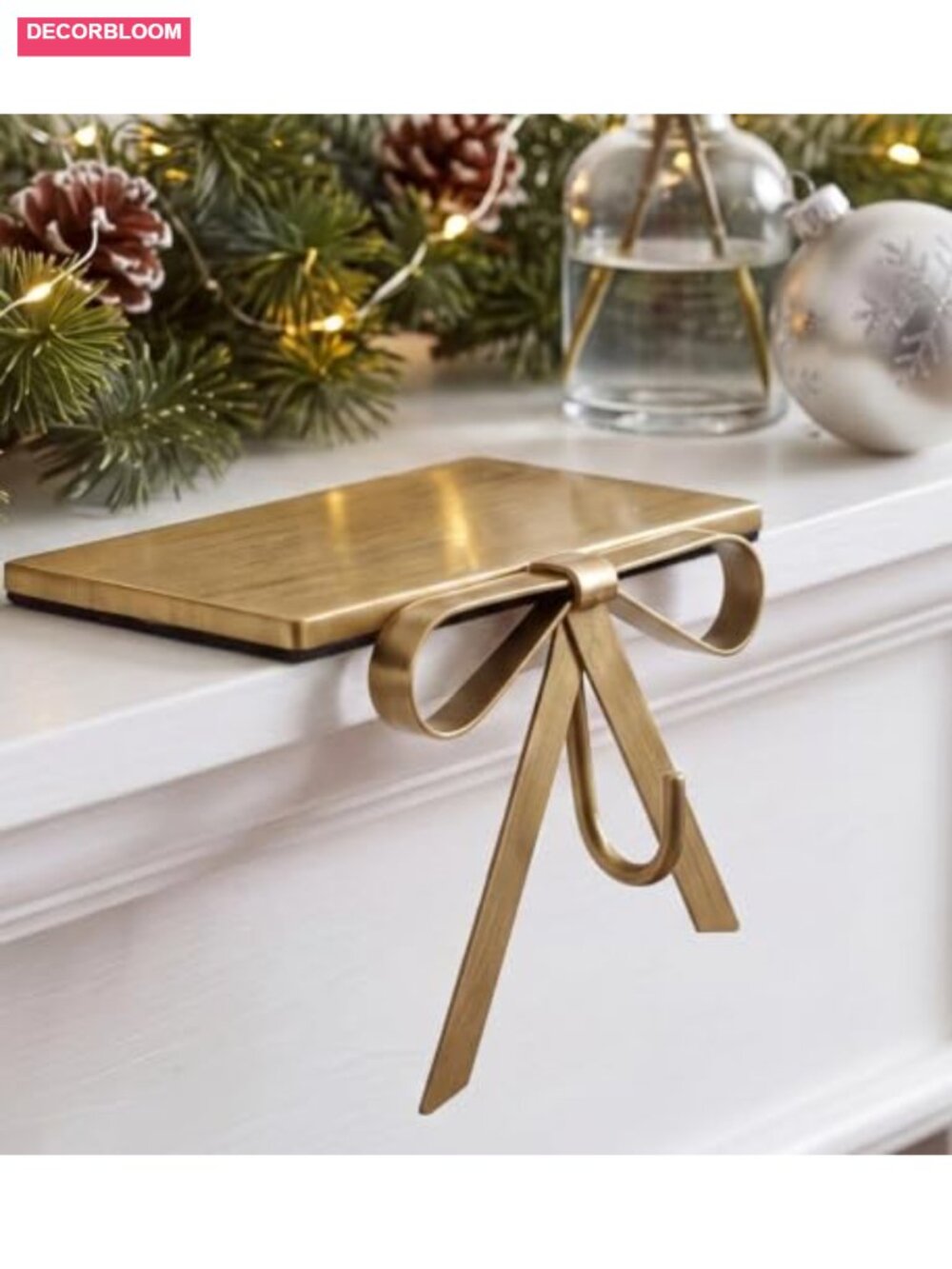 Gold Bow Christmas Stocking Holder Iron Mantel Hook Hanger Decor